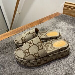 Gucci Beige Monogram Platform Clogs